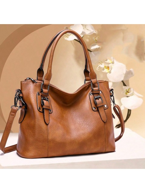 Vintage Brown PU Leather Square Tote Bag with Adjustable Strap