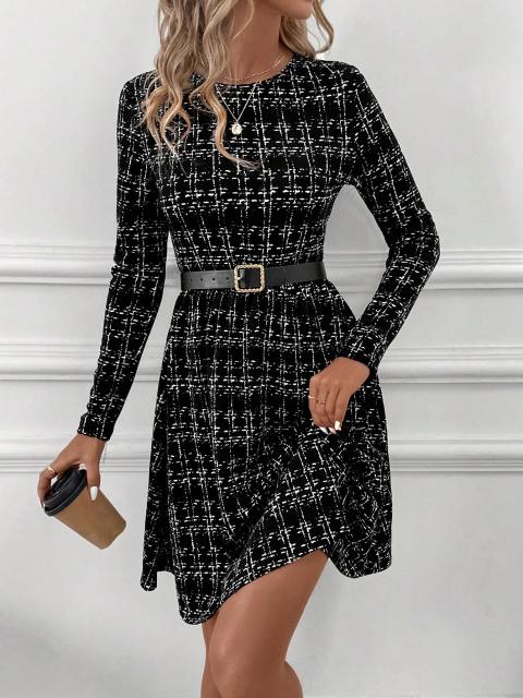 Elegant Clasi Plaid A-Line Long Sleeve Dress for Women