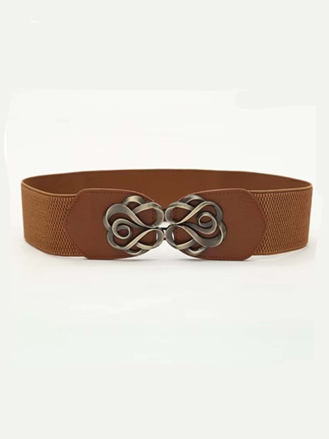 Boho Geometric Buckle Wide Belt for Women in Vintage Rose Pattern Brown Color