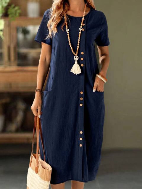 EMERY ROSE Blue Cotton Casual Midi Dress with Mock Button