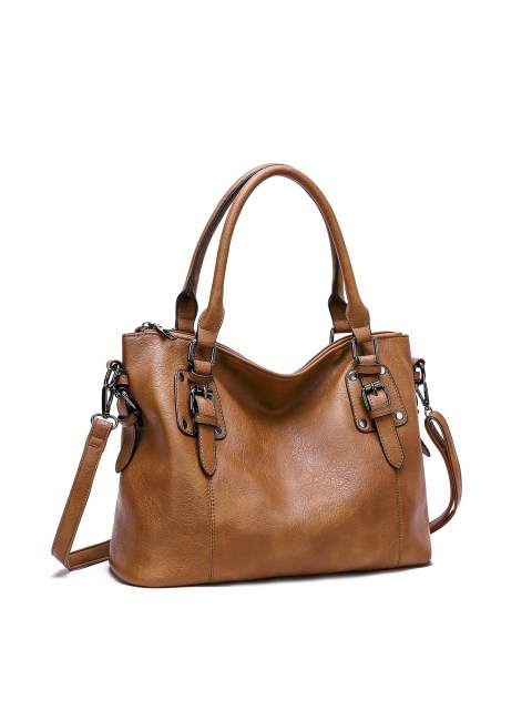 Brown Fashionable Buckle Detail Shoulder Tote Bag Set