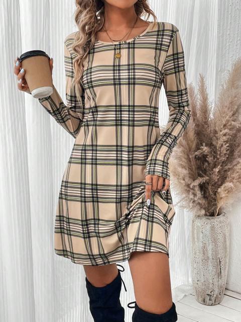 Khaki Plaid Casual Long Sleeve Dress