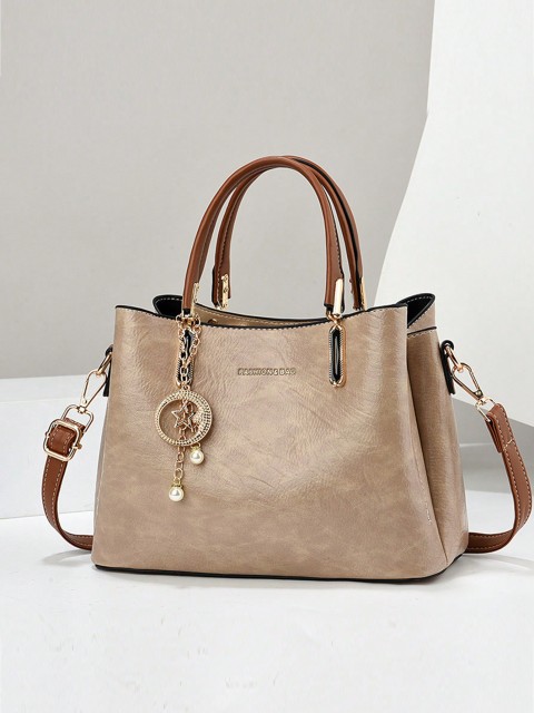 Luxurious Khaki PU Leather Ladies' Tote Bag - Multi-Compartment Medium Boston Bag