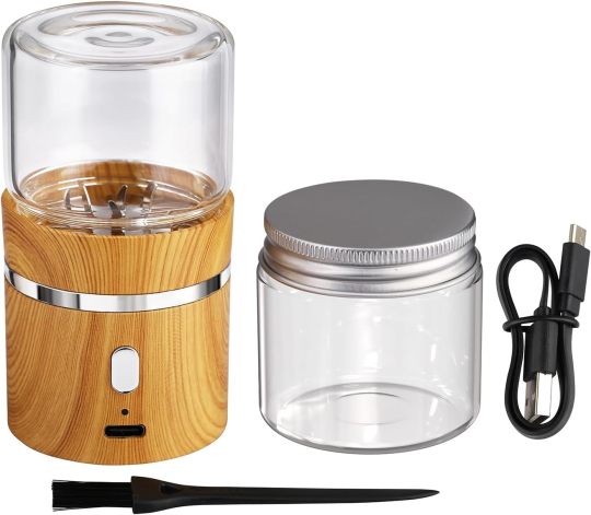 Electric Herb Grinder, Electric Spice Grinders Mini Size 2in x 3.5in with 2pcs 1.7oz/50ml Glass Jar Rechargeable Automatic Herb Grinder
