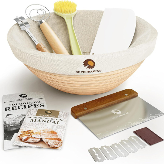 Round Sourdough Bread Proofing Basket Set – Includes Banneton Baskets, Dough Whisk, Lame, Scraper & Cleaning Brush