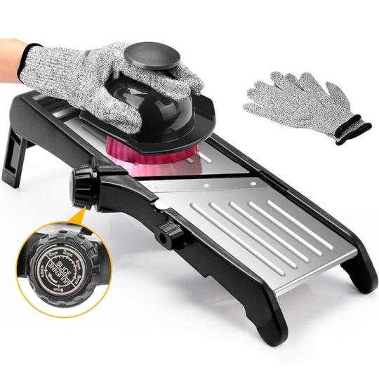 Adjustable Stainless Steel Mandoline Slicer with Cut-Resistant Gloves – Safe Vegetable Cutter for Tomato, Potato, Onion, Carrot