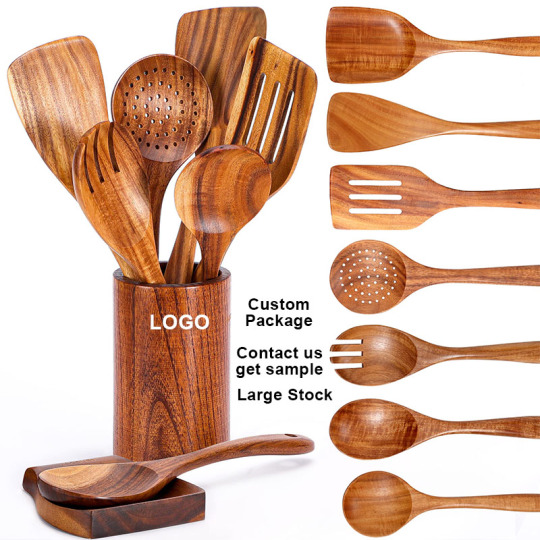 Custom Teak Acacia Solid Wood Kitchen Utensils Set – Non-Stick Cooking Spoons & Spatulas with Holder