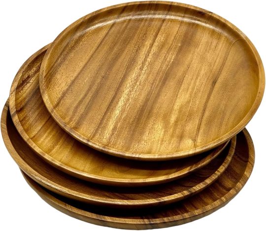 Wood Plate Set of 4 – 10" Natural Acacia Round Dinner Plates, Lightweight and Durable Rustic Wooden Dinnerware