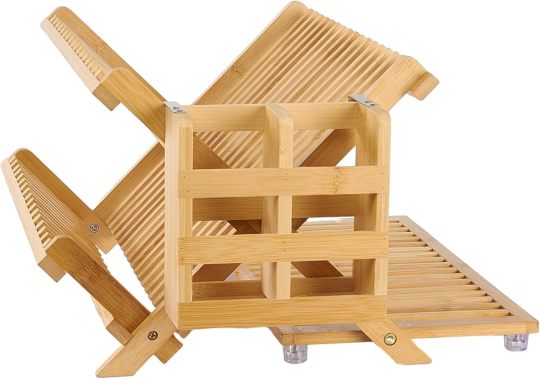 Bamboo Dish Drying Rack – 2-Tier Collapsible Wooden Dish Rack with Utensil Holder for Kitchen Counter