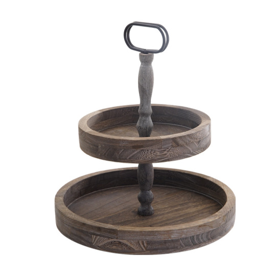 Vintage Two-Tier Round Wood Tray – Rustic Paulownia Display Stand for Cakes, Desserts & Home Décor