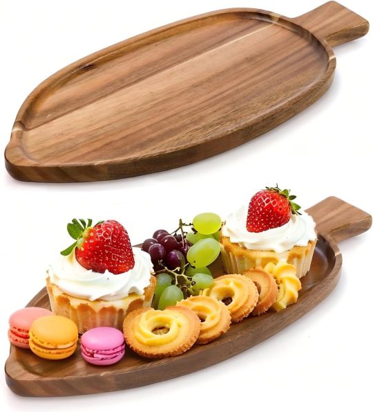 2 Pcs Leaf Shaped Acacia Wood Serving Trays – 13 x 5.5 Inch Decorative Wooden Platters for Food & Home Decor