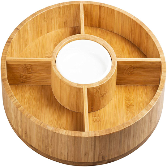 Modern Round Divided Snack Plate – 5-Compartment Wooden Dinner Dish for Food & Entertaining
