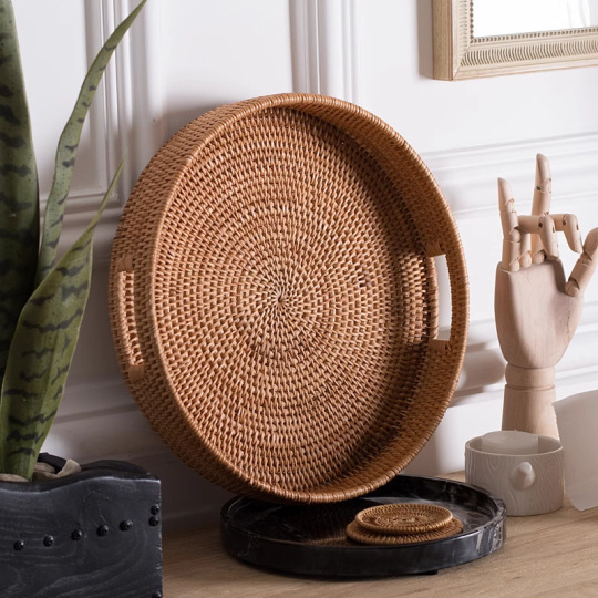 Handmade Round Rattan Woven Serving Tray with Handles – Decorative Ottoman Tray for Breakfast, Drinks, Fruits & Coffee Table Snacks